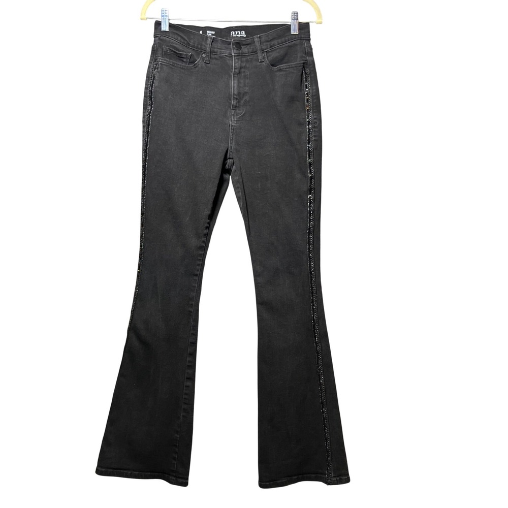 a.n.a High Rise Flare Jeans Black Stretch Denim Sequin Side‎ Stripe Sz 6